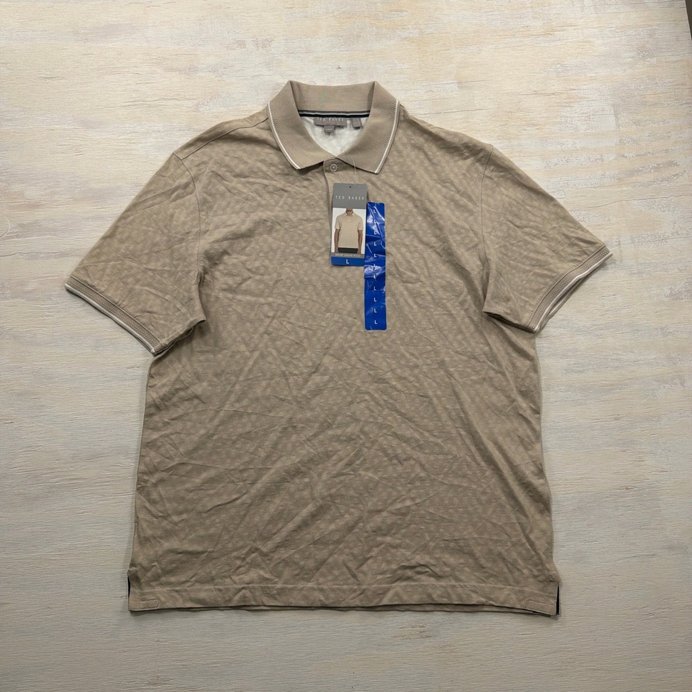 Ted Baker Polo Shirt Large NWT Geometric Jacquard Tipped Tan Mens